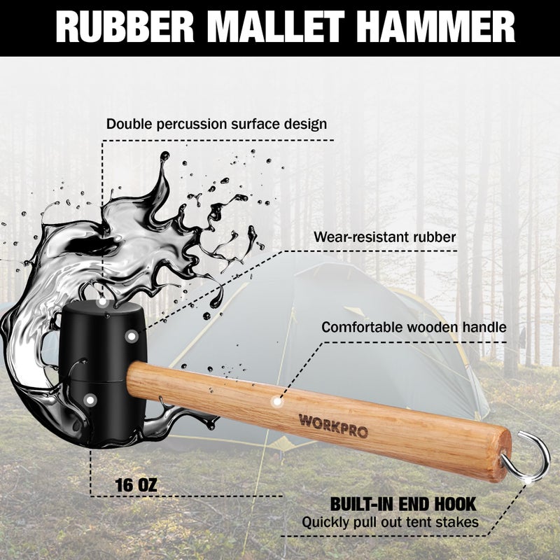 ووركبرو مجموعة أوتاد ومطرقة الخيمة من ووركبرو، مطرقة مطرقة مطاطية 16oz، مقبض خشبي، 10 قطع من أوتاد خيمة معدنية شديدة التحمل وحقيبة تخزين، أعمال خشبية ذاتية الصنع، ملحقات تخييم للأرض والمخيم والحديقة - Image 3